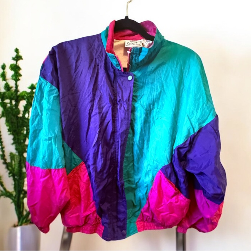 New Vintage 80s Laura Katherine Nylon Track Jacket Sz S Colorblock Full Zip